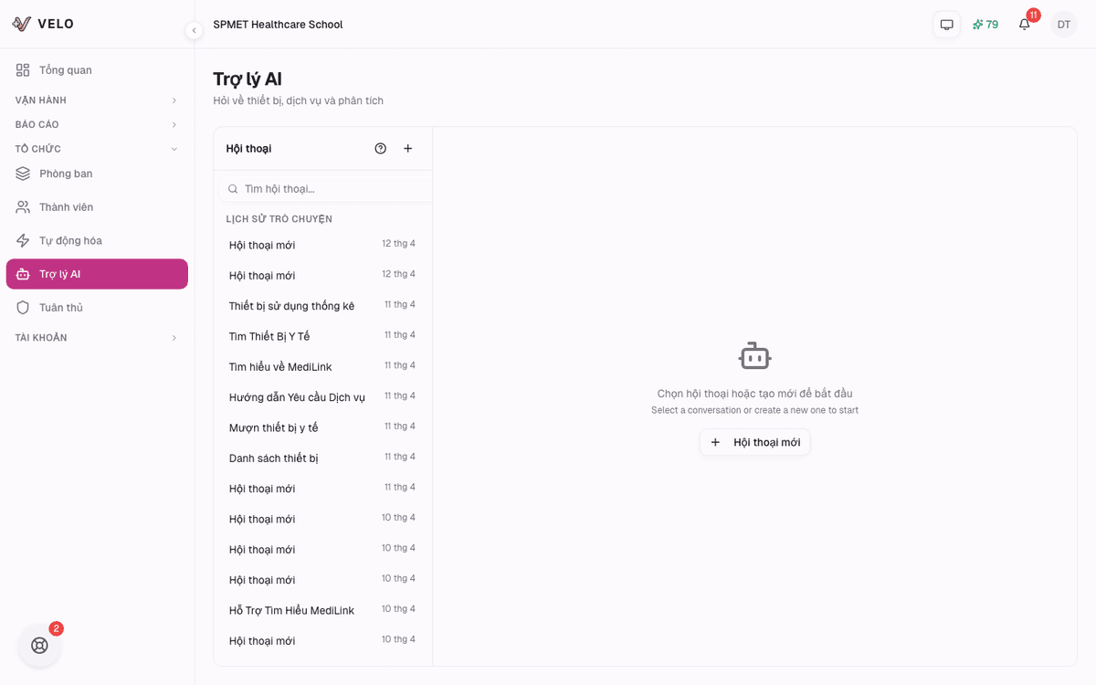 Smartie — Trợ lý AI Velo — hỏi về thiết bị, dịch vụ và phân tích bất cứ lúc nào